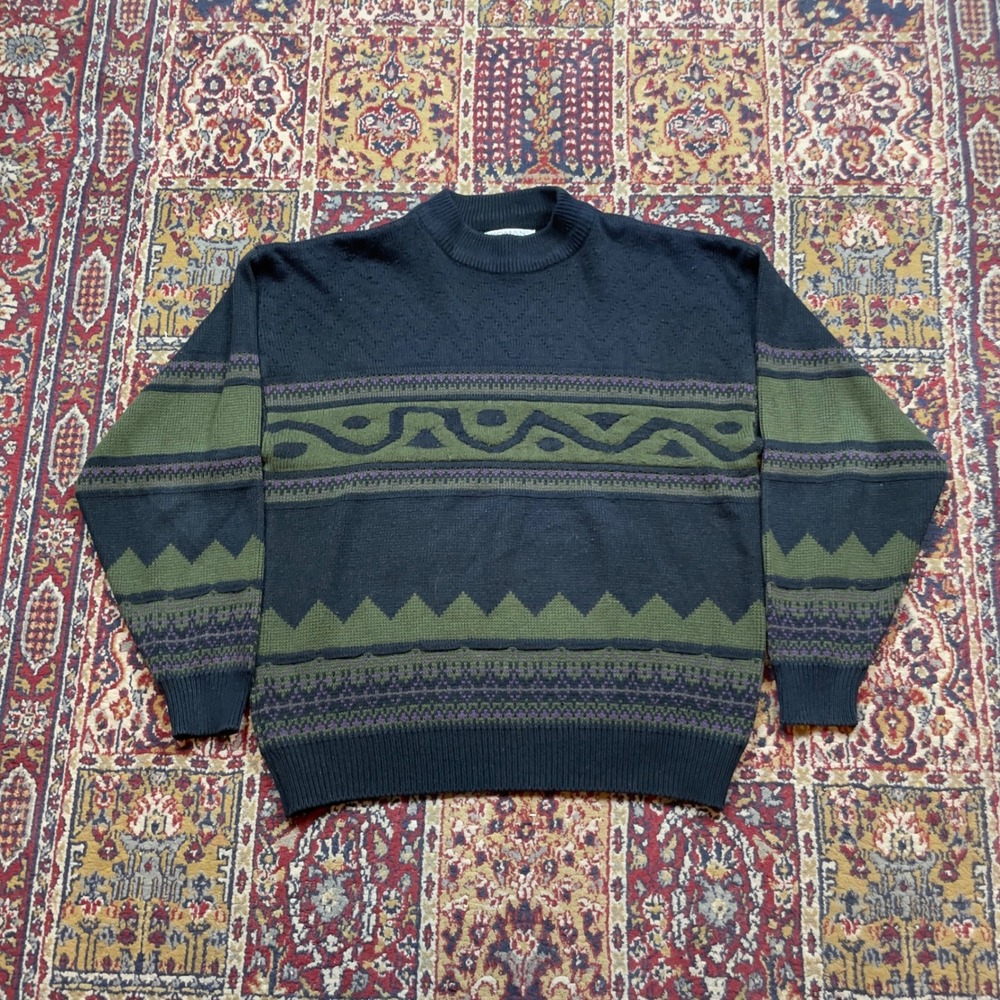 VTG 80s 90s Koman Abstract 3D Ribbed Knit Sweater Black Green Purple Large Aztec